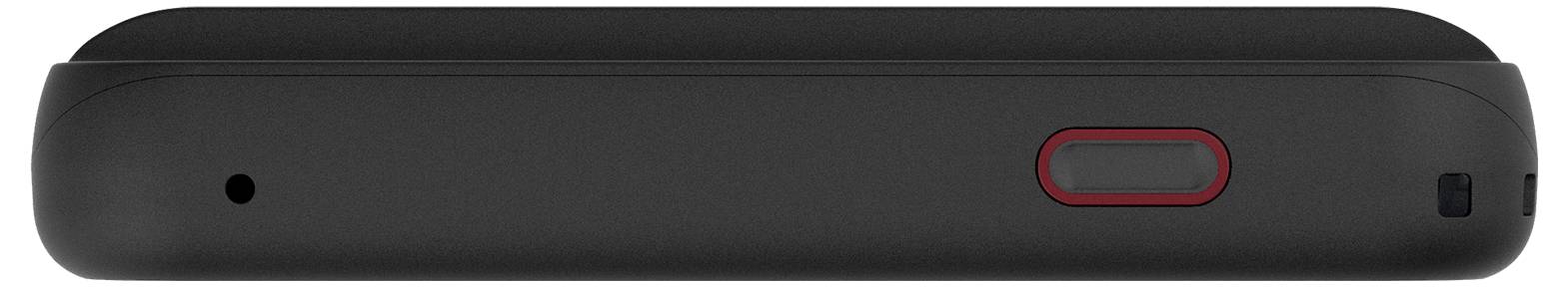 Ein schwarzes Gerät mit einer auffälligen Taste in rotem Kreis an seiner Seite, neben einem kleinen Anschluss und einer weiteren kreisförmigen Komponente, möglicherweise ein Mikrofon.