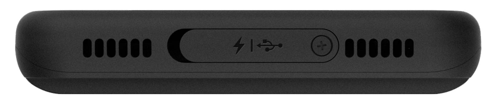 Ein schwarzes elektronisches Gerät mit einem Einschaltknopf und einem USB-Anschluss auf seiner Vorderseite, umgeben von luftschlitzähnlichen Öffnungen an beiden Seiten.
