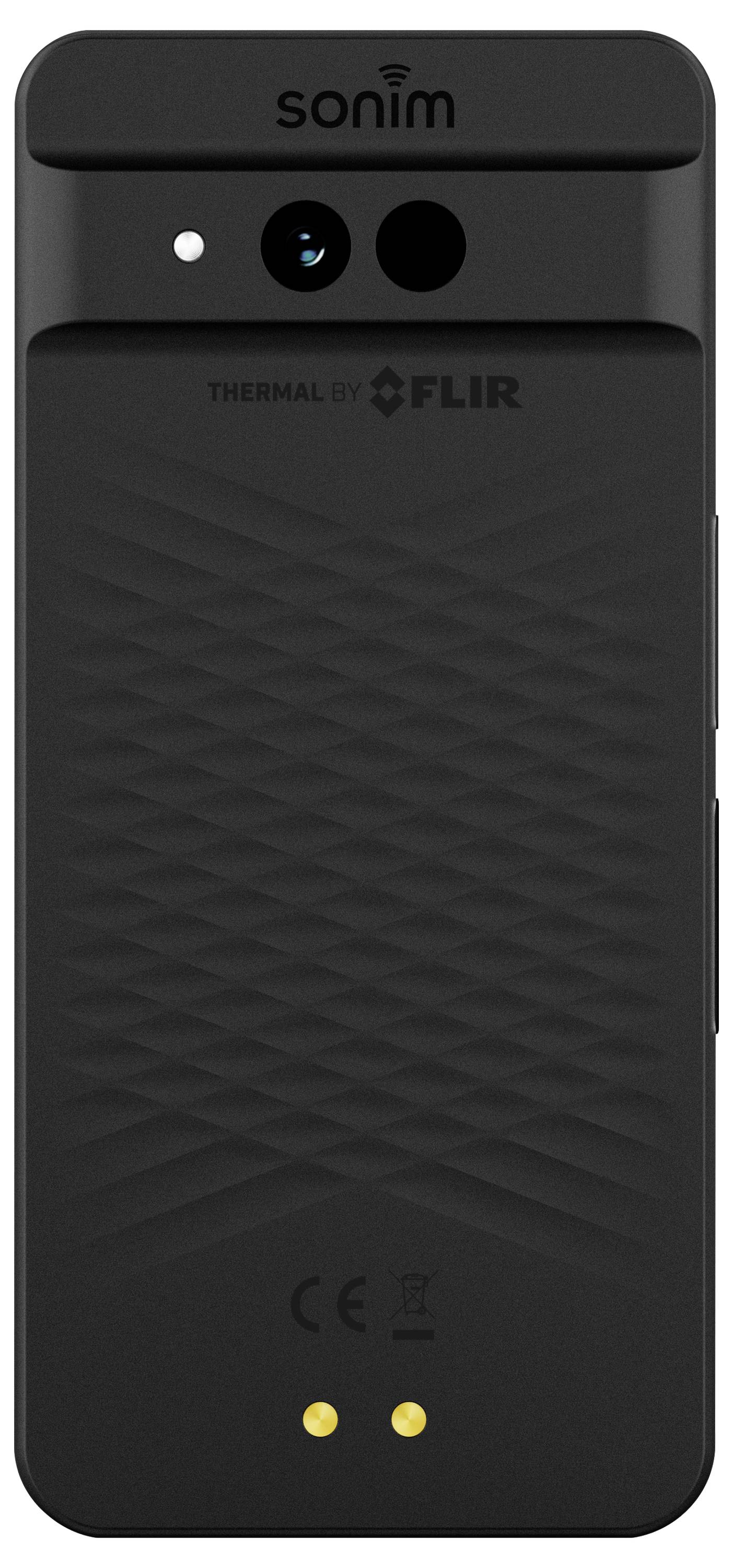 Das Bild zeigt die Rückseite eines Sonim-Geräts mit einer Wärmebildkamera von FLIR, einer strukturierten Oberfläche und sichtbaren Ladekontakten am Fuß des Geräts.
