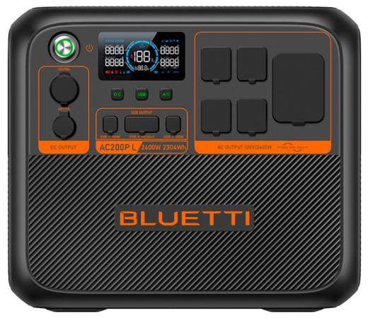 BLUETTI AC200P tragbare Stromstation mit verschiedenen AC/DC-Ausgängen, LED-Display und Steuertasten für die Stromversorgung im Freien.