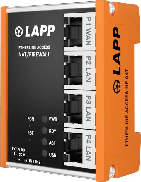 Orange Ethernet Zugriffsgerät mit NAT/Firewall mit vier beschrifteten Anschlüssen: P1 WAN, P2 LAN, P3 LAN, P4 LAN, sowie LED-Anzeigen an der Seite.