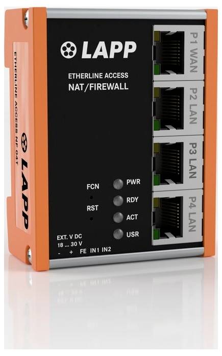 'Etherline Access NAT/Firewall' Gerät von LAPP verfügt über P1 WAN- und P2-P4 LAN-Anschlüsse, eine Stromanzeigelampe, einen Rücksetzknopf und Statusleuchten.