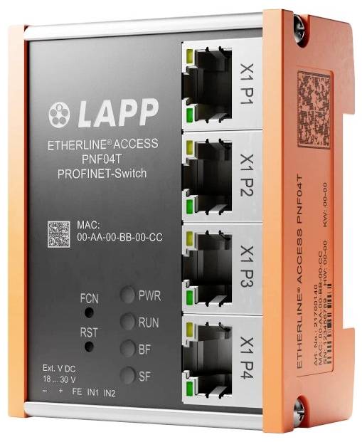 'Etherline Access PNF04T PROFINET-Switch' mit mehreren Netzwerkports, Modell und MAC-Adresse auf der Frontplatte sichtbar.
