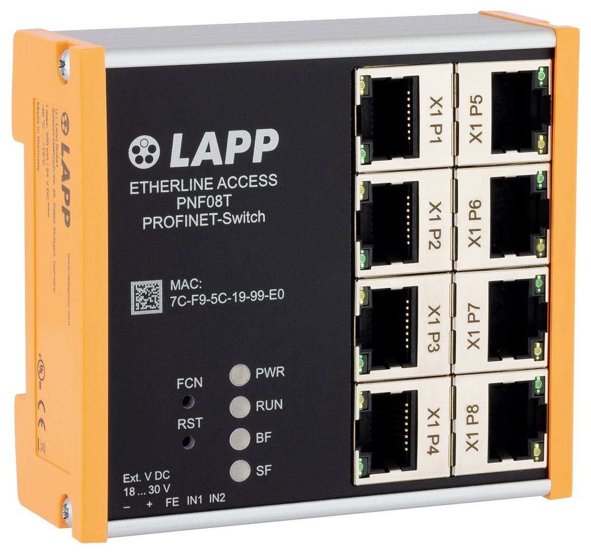 Ein Ethernet-Switch-Gerät mit der Bezeichnung 'LAPP' mit acht Ethernet-Ports, was Netzwerkverbindungen anzeigt.