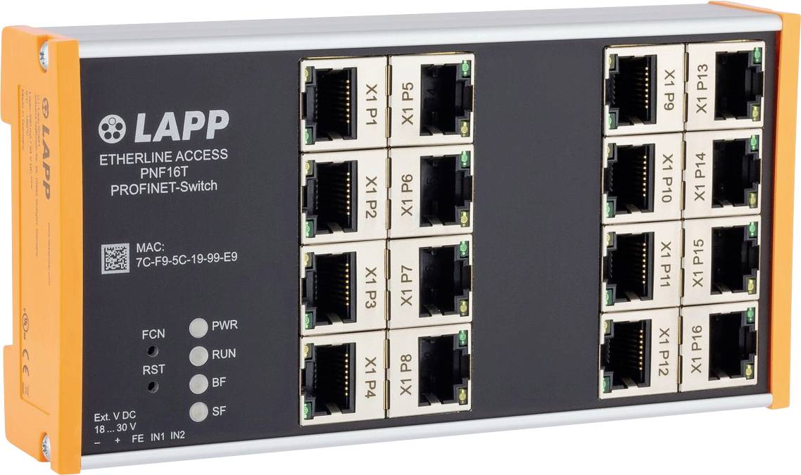 LAPP Etherline Access PNF16T PROFINET-Switch mit mehreren Ethernet-Anschlüssen, gekennzeichnet mit X1 P1 bis X1 P8 und X2 P1 bis X2 P8, für Netzwerkverbindungen.