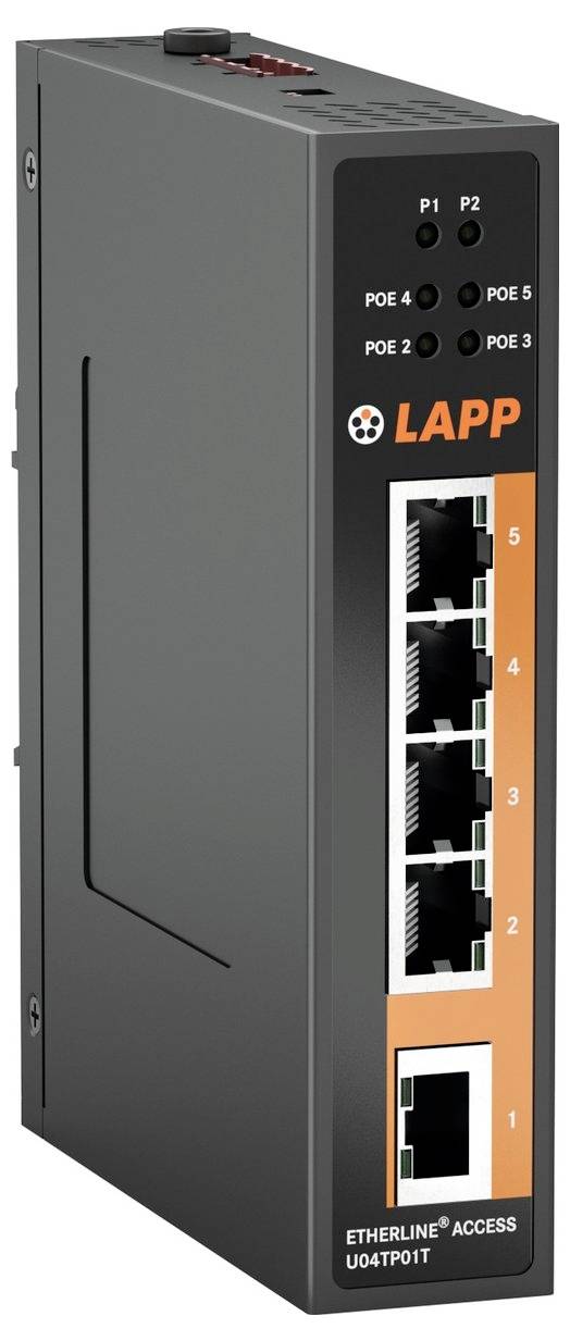 Ein schwarzer industrieller Ethernet-Switch mit fünf RJ45-Ports, beschriftet mit 'Etherline Access U04TP01T' und 'Lapp', unterstützt PoE-Verbindungen.