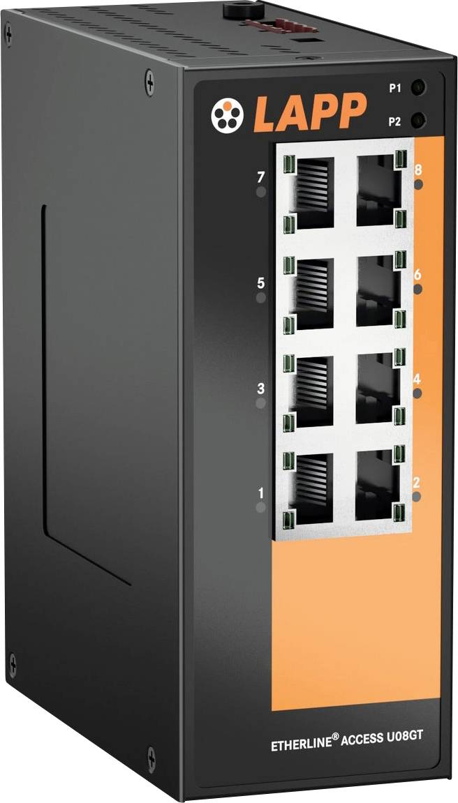 LAPP-Netzwerkswitch mit acht Ethernet-Ports, von 1 bis 8 beschriftet, und zwei Indikatorleuchten, die auf der Oberseite mit ‚P1' und ‚P2' gekennzeichnet sind.