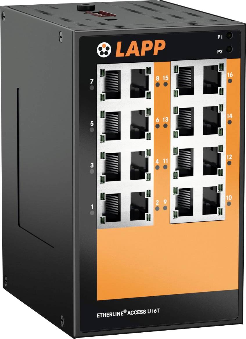 Industrieller Ethernet-Switch mit der Bezeichnung 'LAPP ETHERLINE ACCESS U16T' mit 16 Anschlüssen und LED-Anzeigen für den Netzwerkverbindungsstatus.