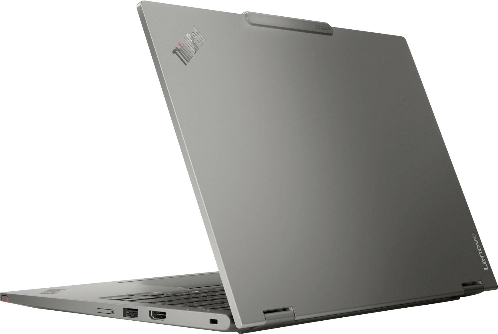 Ein grauer Lenovo ThinkPad Laptop, teilweise geöffnet, der seinen Rücken zeigt mit sichtbaren Anschlüssen an der Seite.