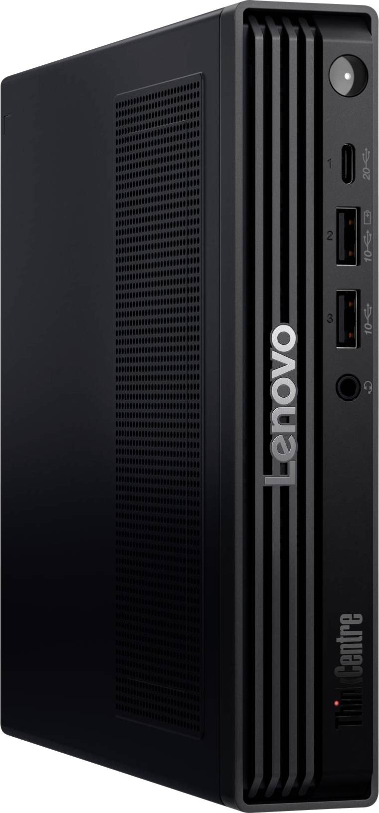 Ein schwarzer Lenovo ThinkCentre Desktop-Computerturm mit mehreren USB-Anschlüssen und einem Einschaltknopf auf dem Frontpanel.