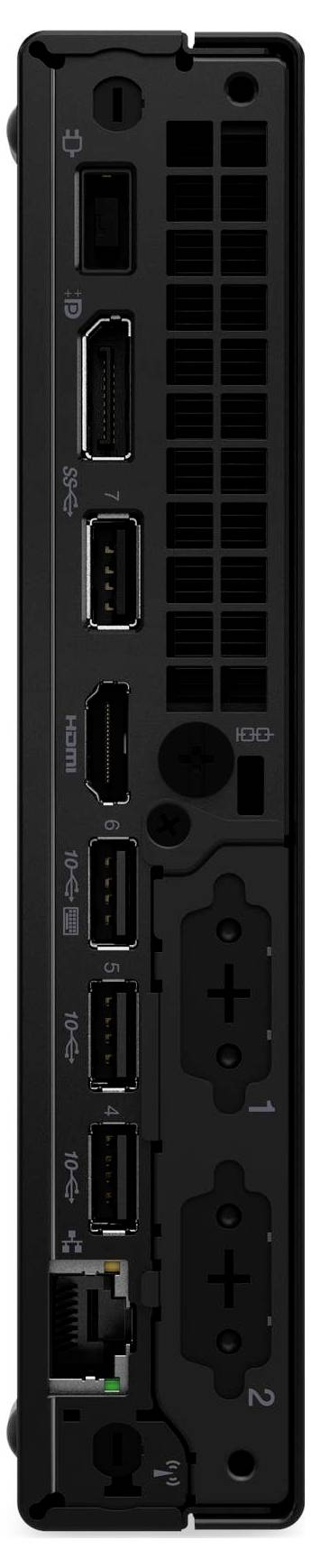 Rückseite eines Computertowers mit verschiedenen Anschlüssen wie USB, HDMI und Ethernet sowie einer Kühlungsöffnung.