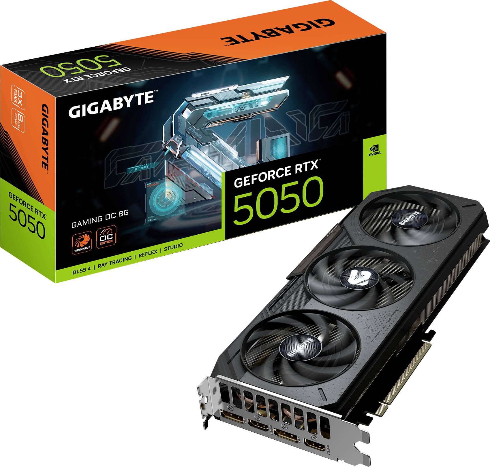 'GIGABYTE GeForce RTX 5050 GAMING OC 8G' Grafikkarte mit dreifacher Lüfterbestückung, neben der Verpackung mit Produktabbildung und Markenlogo.
