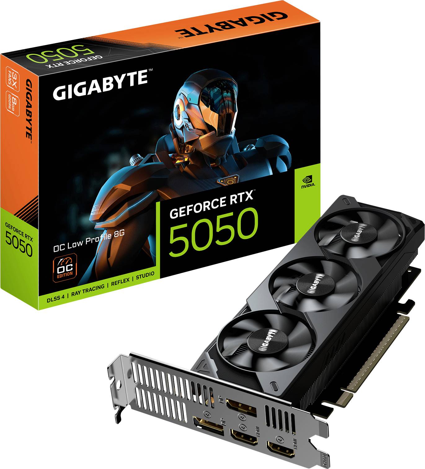 Gigabyte GeForce RTX 5050 Grafikkarte mit drei Lüftern; Verpackung zeigt eine animierte Figur und den Text 