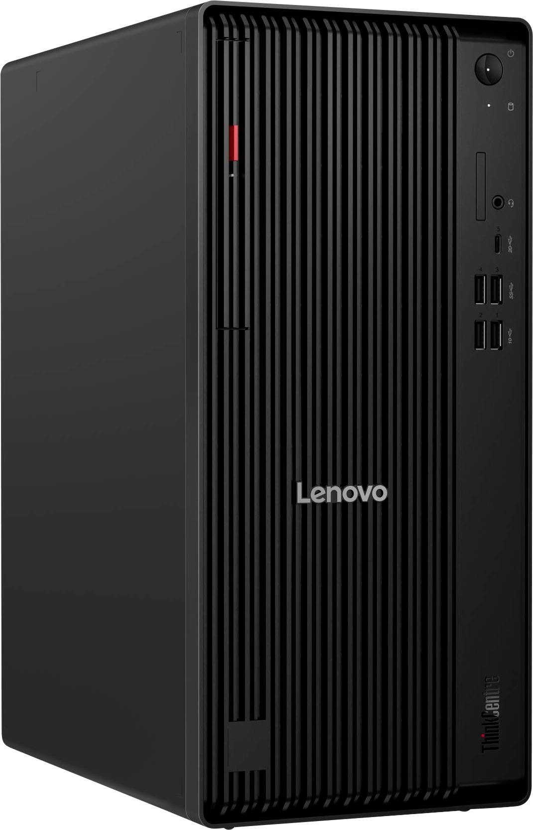 Ein schwarzer Lenovo-Desktop-Computerturm mit vertikalen Rillen an der Frontplatte, ausgestattet mit USB-Anschlüssen, einem Einschaltknopf und einem Markenlogo.