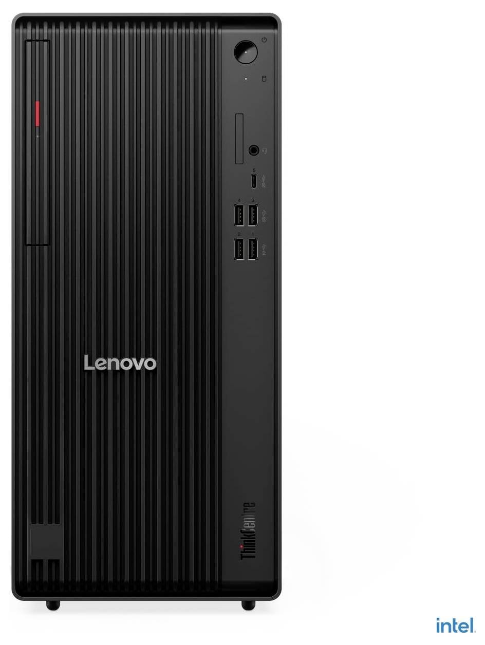 Ein schwarzer Lenovo ThinkCentre Desktop-Tower mit sichtbaren USB-Anschlüssen und einem Powerknopf, mit Intel-Logo.