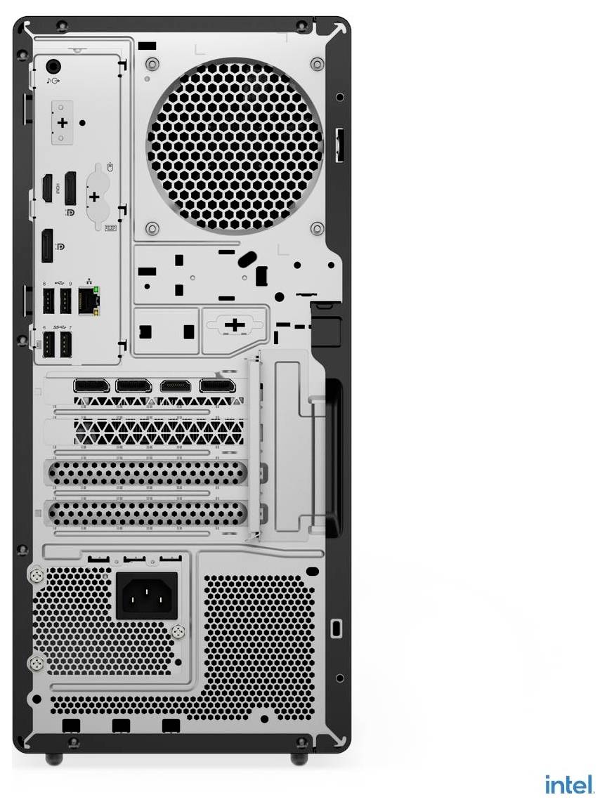 Rückansicht eines Computergehäuses mit mehreren Anschlüssen, Lüftungsschlitzen, Erweiterungssteckplätzen, Netzteilbereich und 'intel' Logo unten rechts.