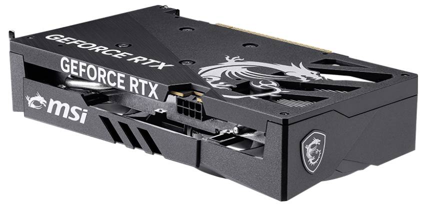 Eine schwarze MSI GeForce RTX Grafikkarte mit einem Drachenlogo ist zu sehen. Sie hat ein robustes Design und sichtbare Kühlkomponenten.