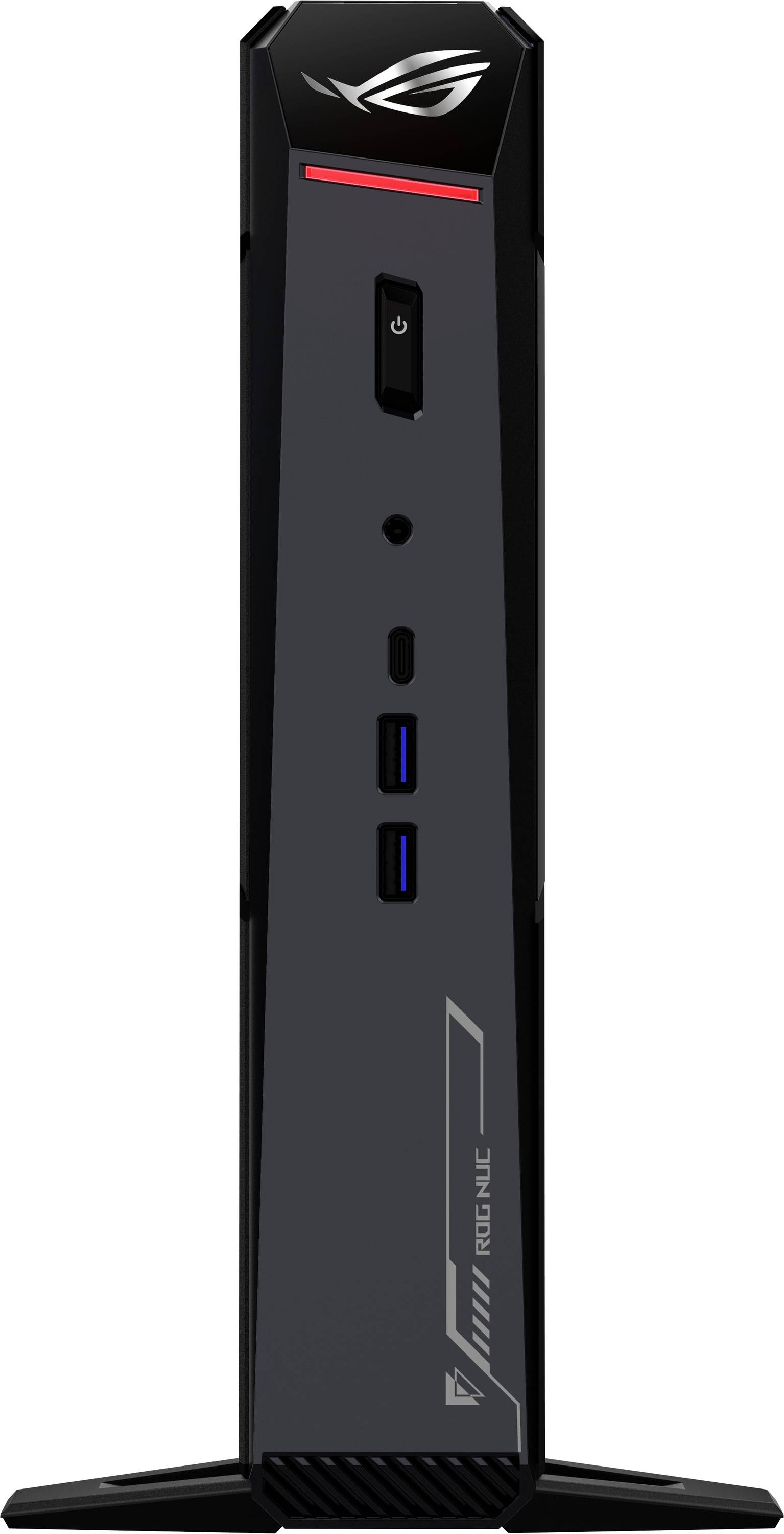 Eine schlanke, schwarze Spielekonsole mit Einschaltknopf, USB-Anschlüssen und dem ROG-Logo, die aufrecht vor einem weißen Hintergrund steht.