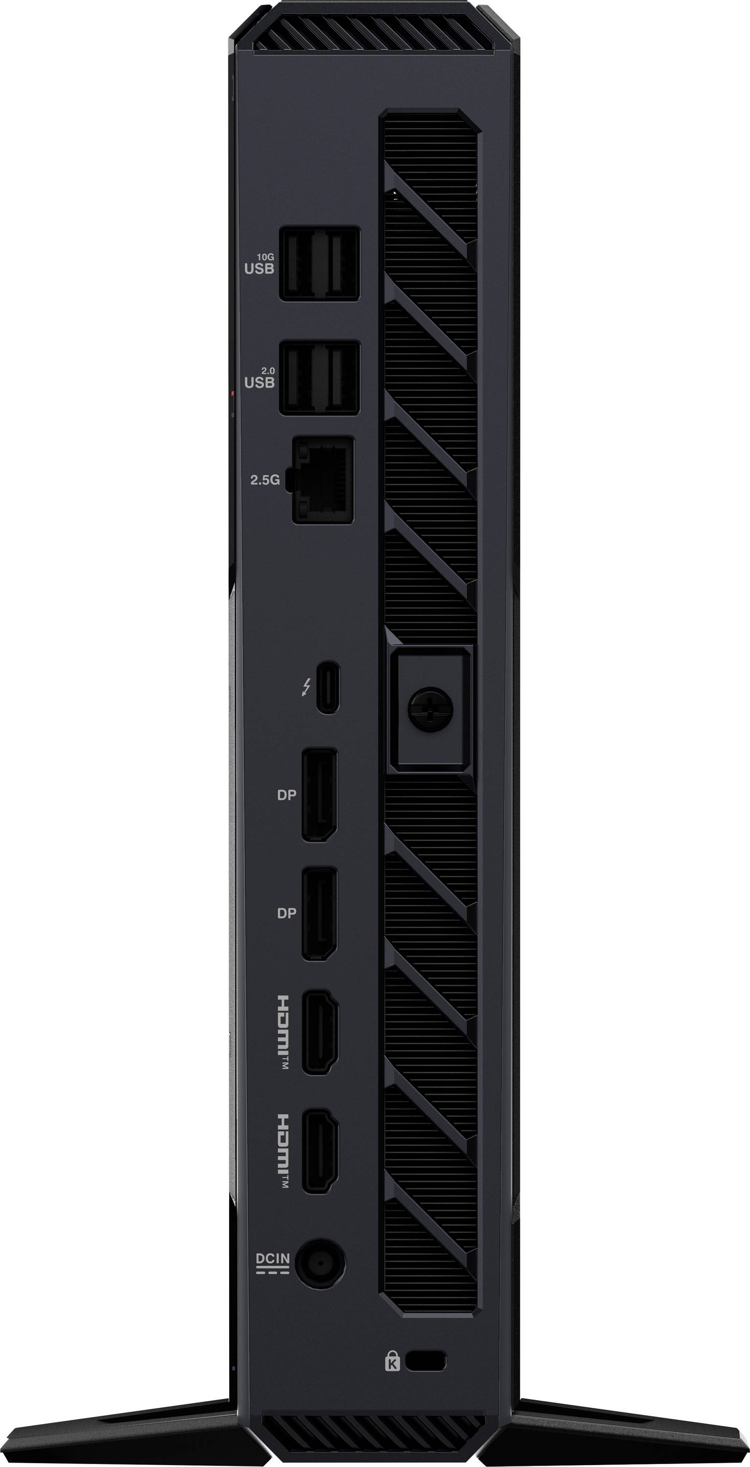 Ein vertikaler schwarzer Computer-Tower mit mehreren Anschlüssen, einschließlich USB, Ethernet, DisplayPort, HDMI und Stromanschlüssen an der Seite.