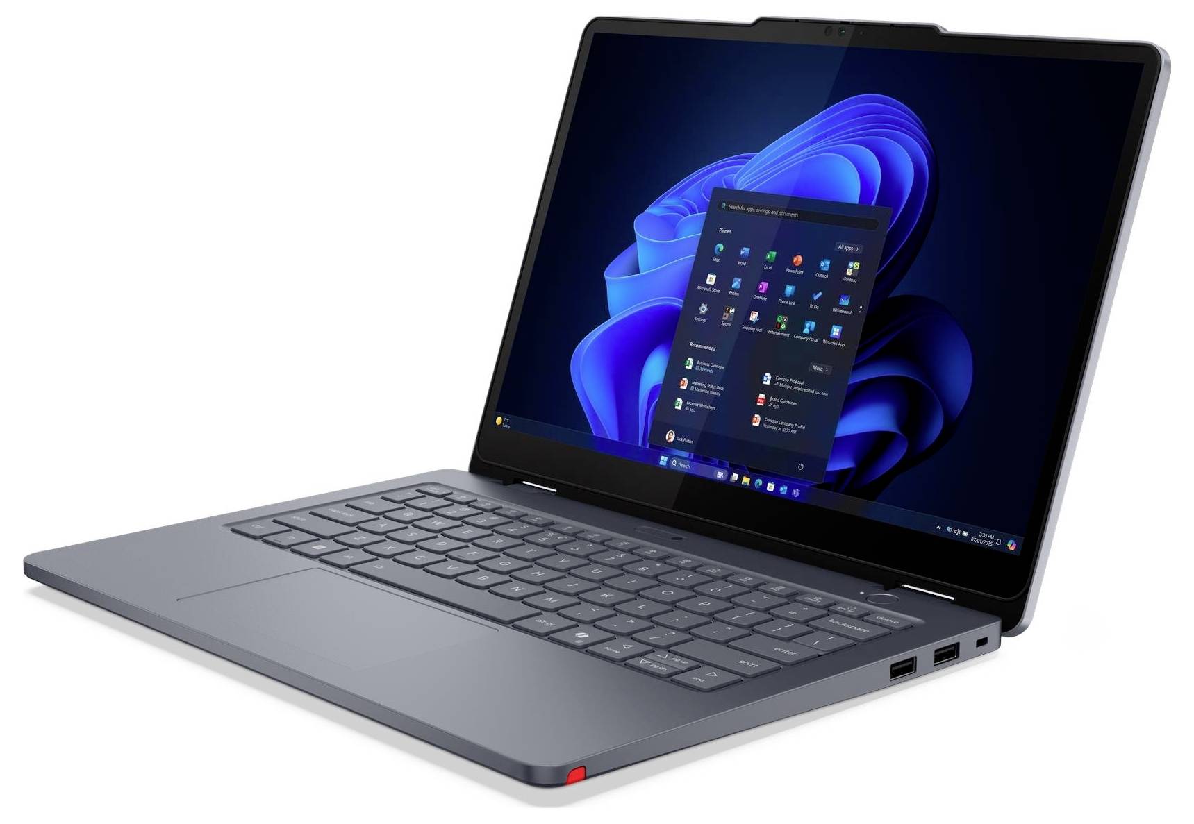 Ein schlankes, offenes Laptop, das das Windows 11 Startmenü auf seinem Bildschirm zeigt. Das Laptop ist in einem Winkel positioniert und präsentiert ein kompaktes Design.