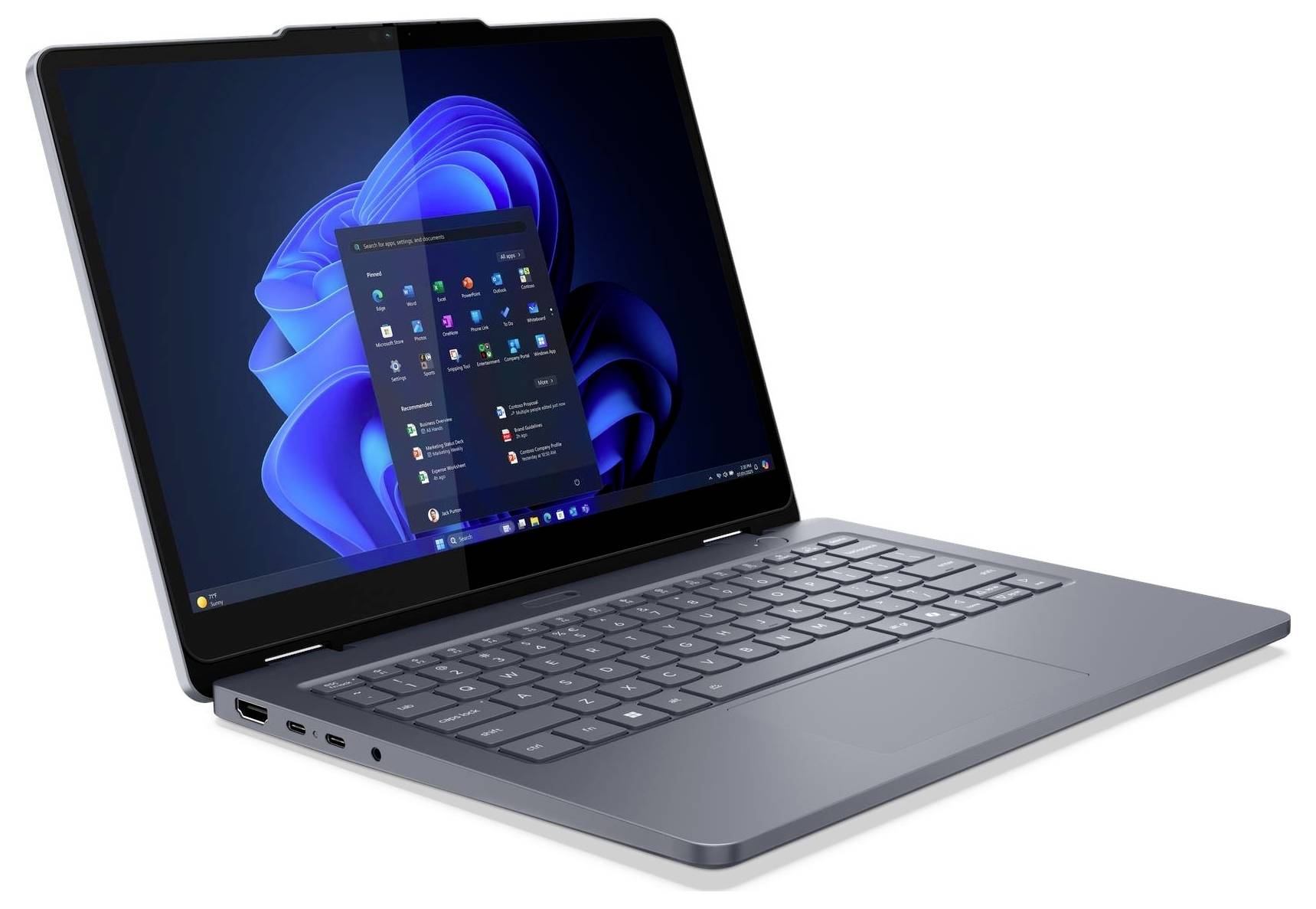 Ein moderner Laptop mit einem Bildschirm, auf dem der Windows 11 Desktop mit verschiedenen Anwendungssymbolen angezeigt wird, ist vor einem weißen Hintergrund zu sehen.