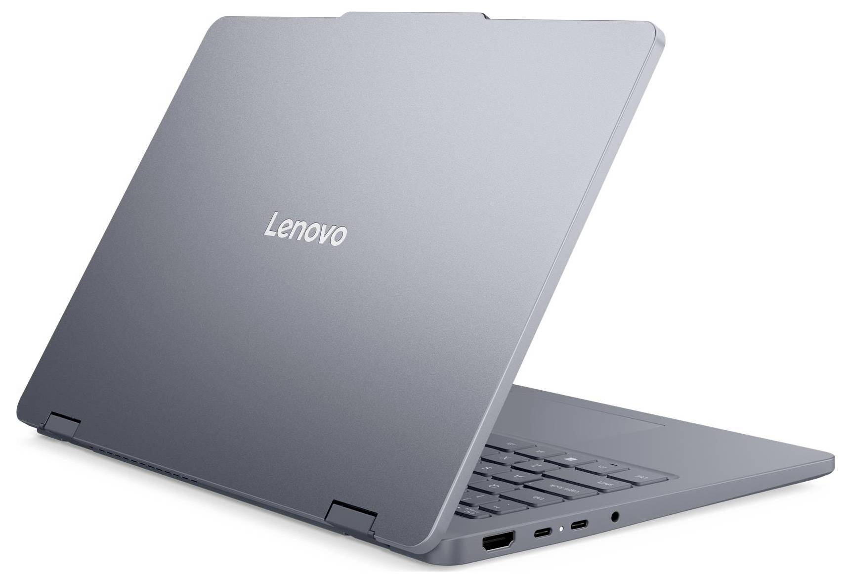 Ein grauer Lenovo-Laptop, halb geöffnet, von hinten betrachtet, der sein schlankes Design und die minimale Anschlussanordnung präsentiert.