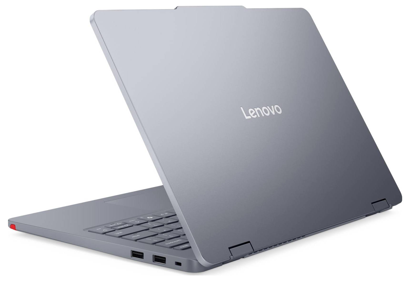 Ein grauer Lenovo-Laptop ist geöffnet und zeigt seine Tastatur. Der Bildschirm ist geschlossen und präsentiert das Lenovo-Logo auf der Rückseite.