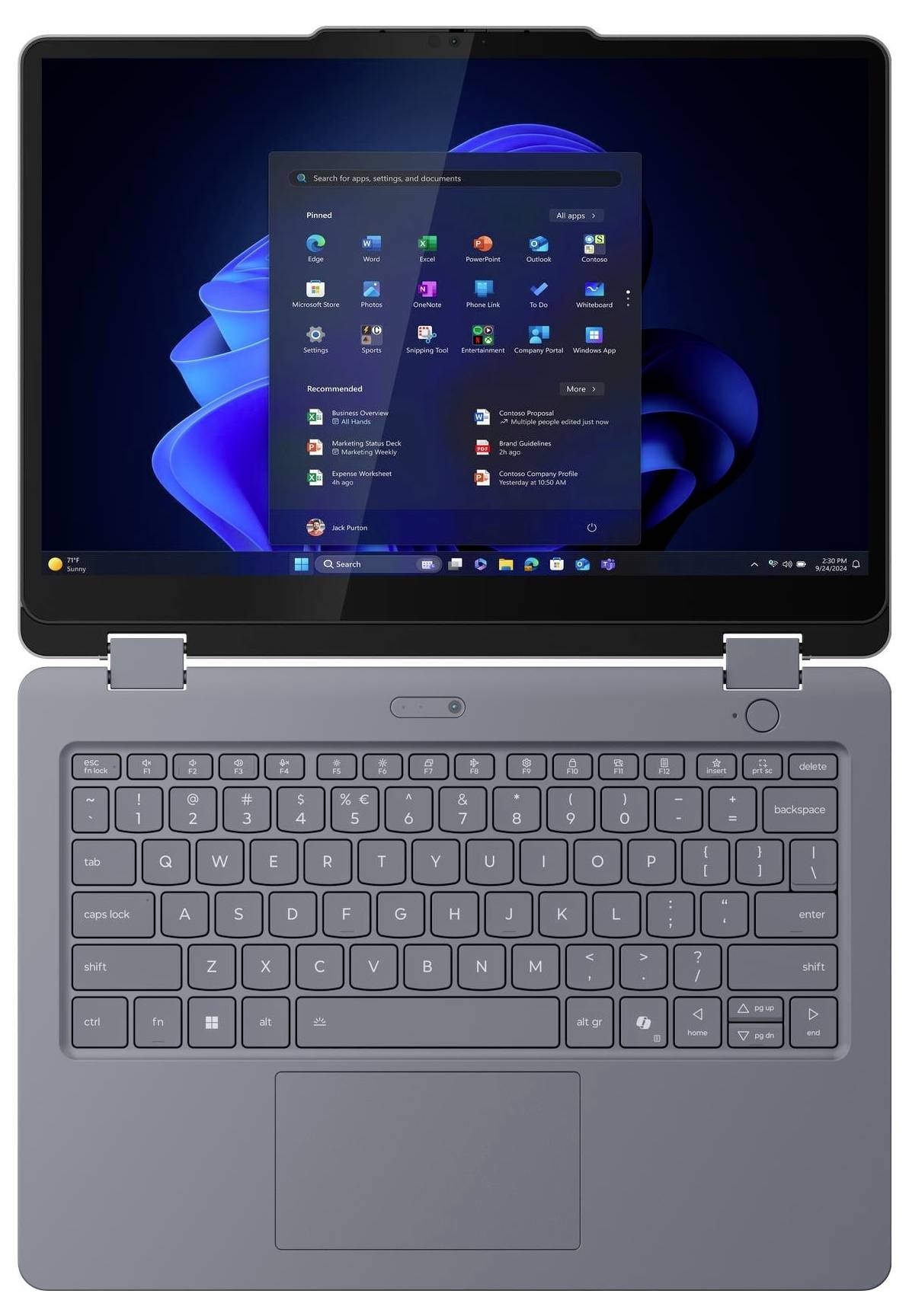 Ein Laptop, der einen Desktop-Bildschirm mit verschiedenen Anwendungssymbolen anzeigt. Die Tastatur ist sichtbar und betont das kompakte Design des Geräts.