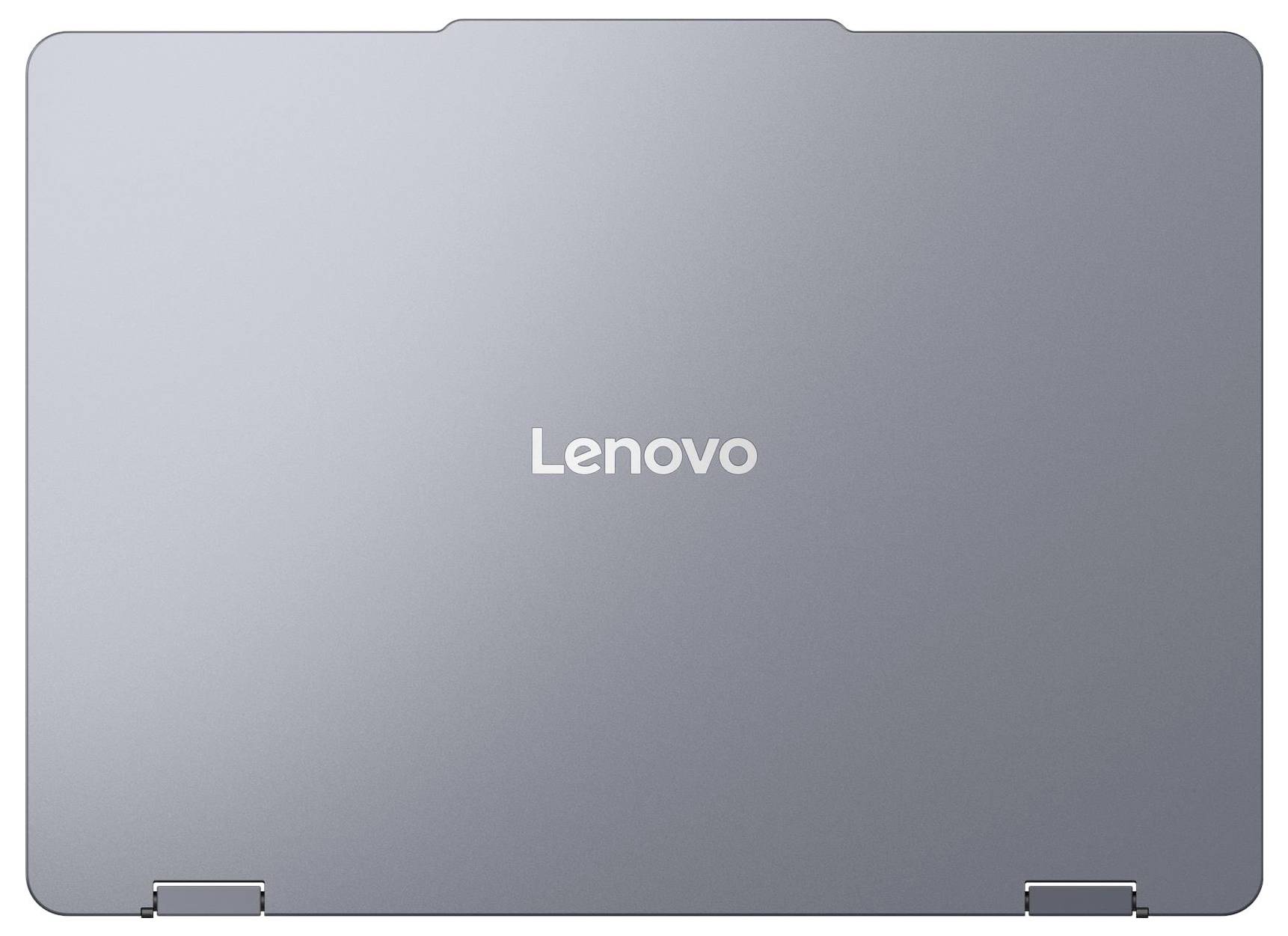 Geschlossener silber-grauer Lenovo-Laptop, von oben betrachtet, mit Lenovo-Logo in der Mitte.