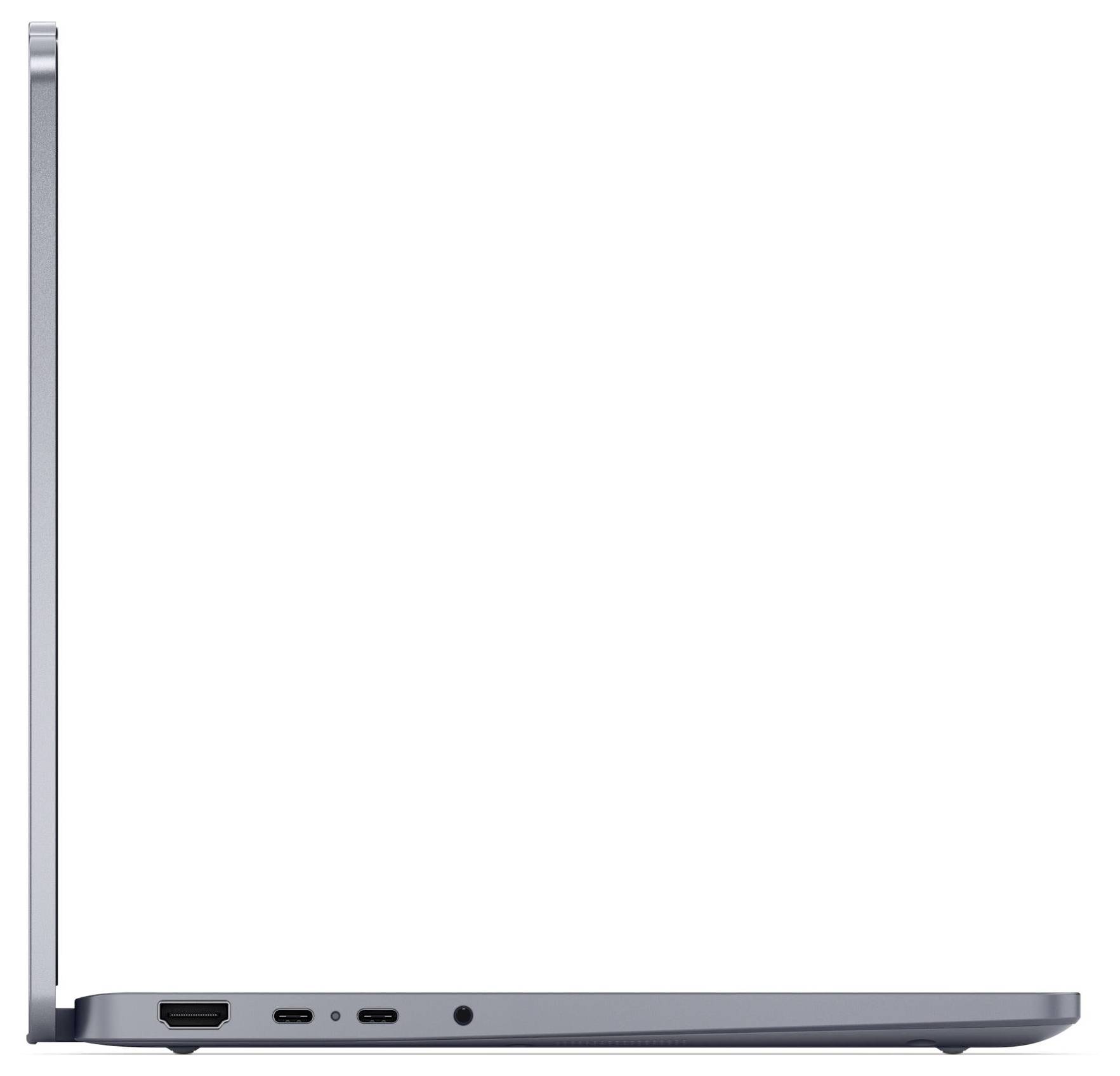 Ein Laptop von der Seite gezeigt, der sein schlankes Design und seine Anschlüsse, einschließlich USB-C und HDMI, hervorhebt.