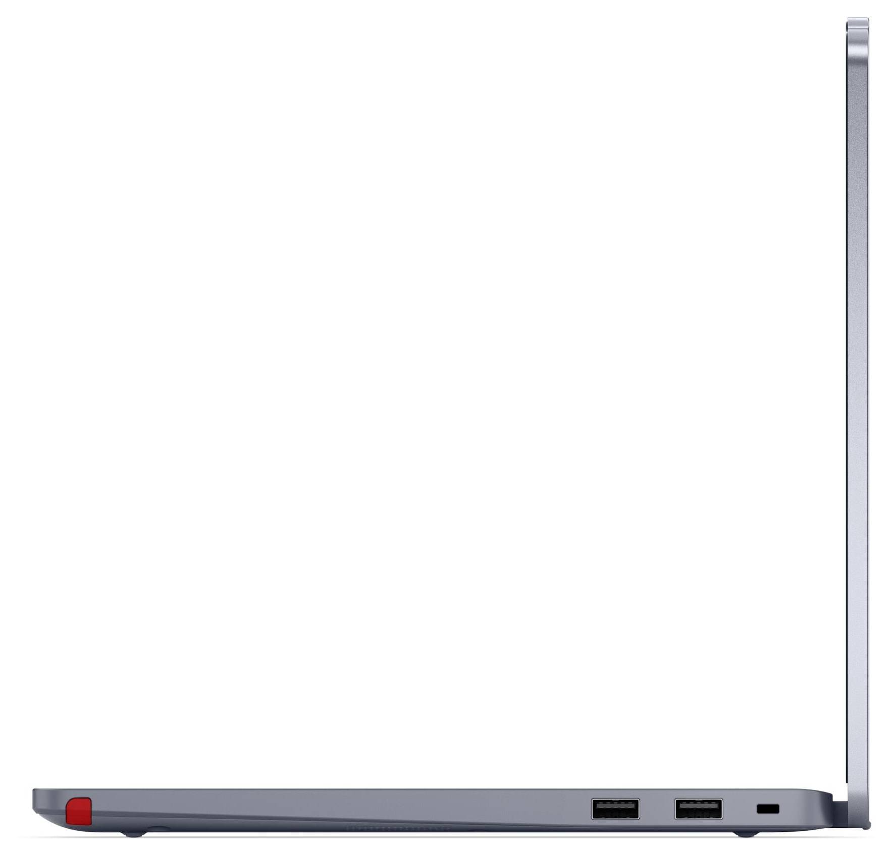 Eine Seitenansicht eines geöffneten silbernen Laptops mit zwei USB-Anschlüssen und einem roten Akzent in der unteren Ecke.