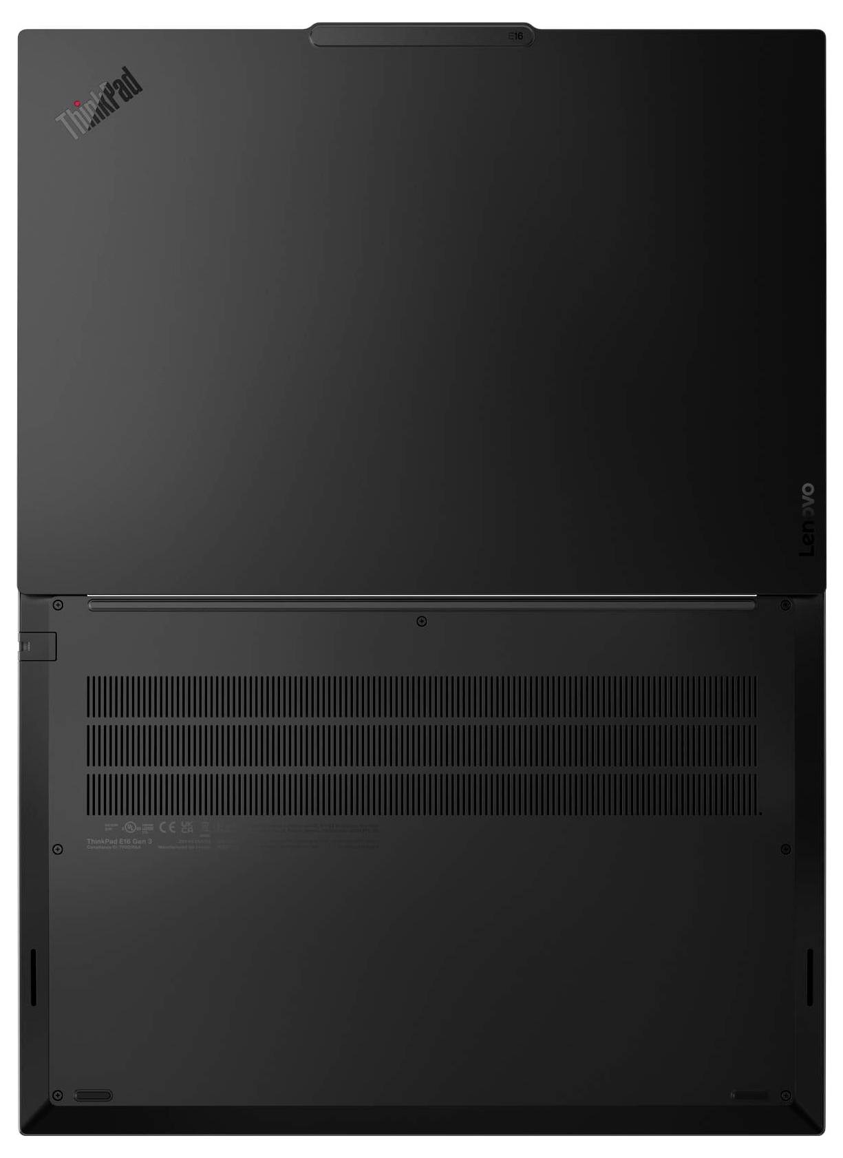 Rückseite eines schwarzen Laptops mit Lüftungsschlitzen. Das Logo befindet sich in der linken oberen Ecke. Keine dekorativen Elemente.