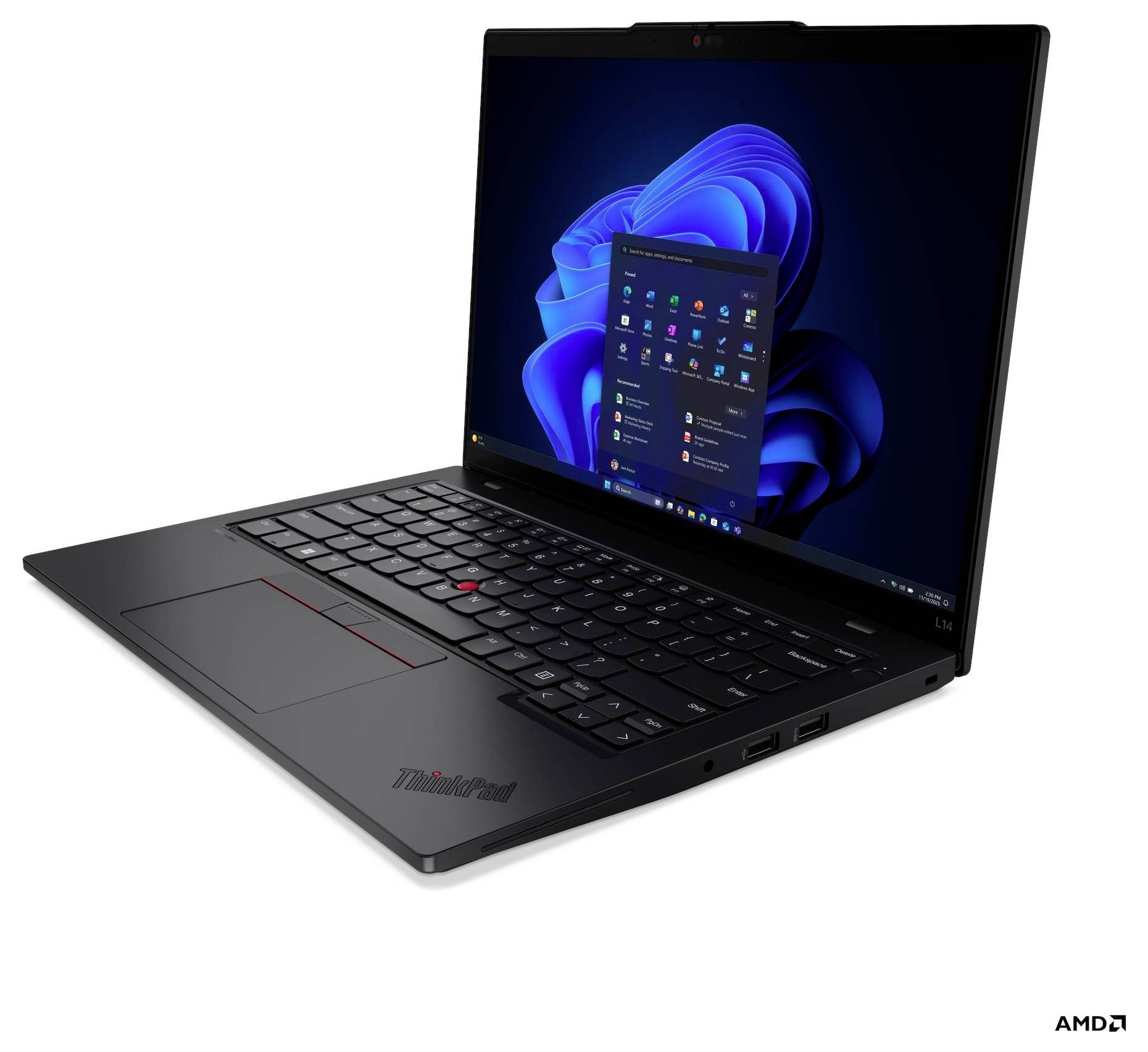 Ein schwarzer Lenovo ThinkPad Laptop auf weißem Hintergrund, der einen Windows 11 Startbildschirm mit geöffnetem Startmenü zeigt und verschiedene App-Symbole präsentiert.