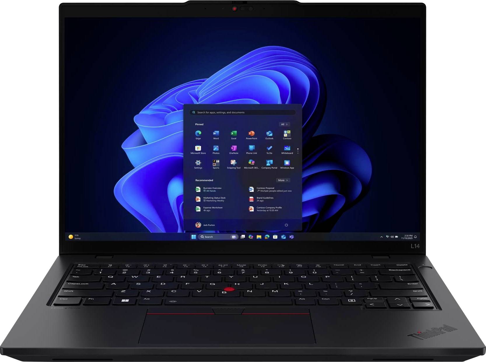 Ein Laptop, der den Windows-Betriebssystem-Startbildschirm mit verschiedenen Anwendungssymbolen und einem lebhaften blauen abstrakten Hintergrund zeigt.