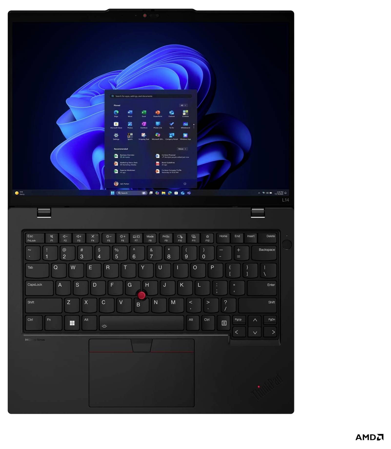 Ein Laptop, der einen Startbildschirm mit verschiedenen Anwendungen zeigt, mit einer dunklen Tastatur und einem blau gehaltenen Hintergrund auf dem Monitor.