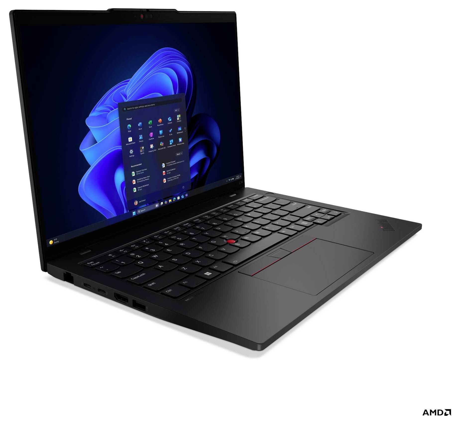 Ein schlankes, schwarzes Laptop mit sichtbarer Windows 11 Benutzeroberfläche. Der Bildschirm zeigt ein Startmenü, und die Tastatur verfügt über einen roten Trackpoint.