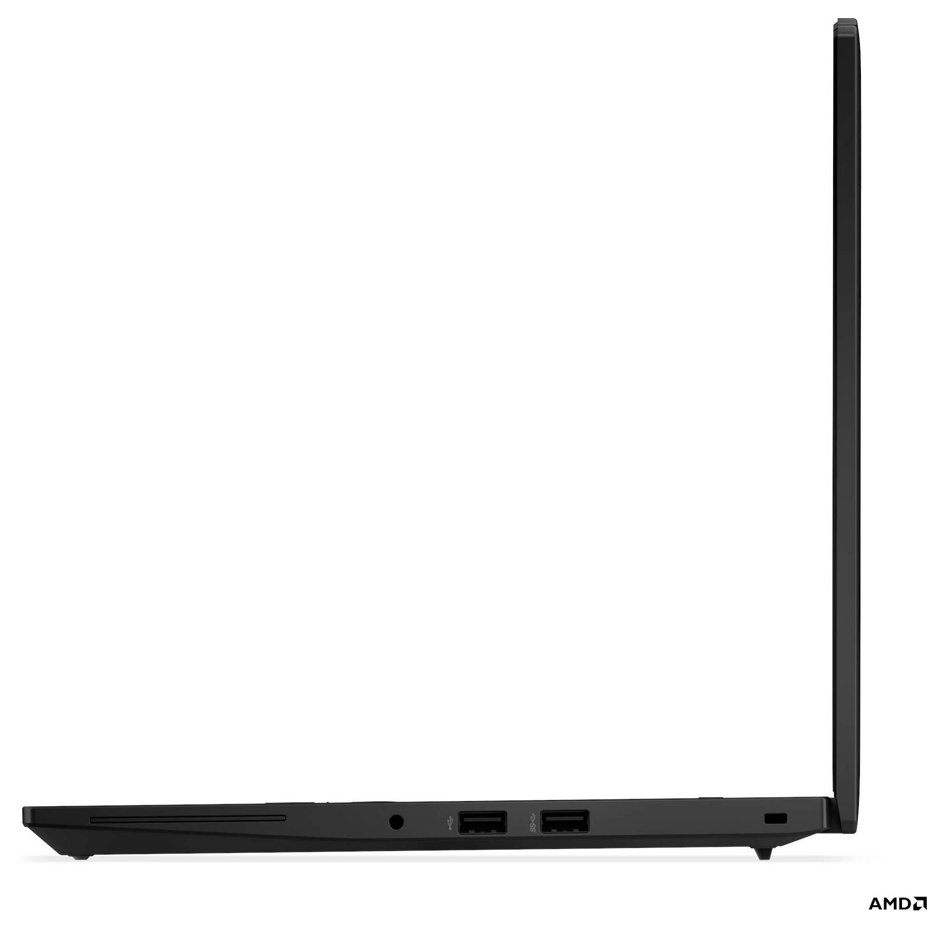 Ein schlanker schwarzer Laptop, von der Seite gezeigt, teilweise geöffnet. Zwei USB-Anschlüsse sind an der Seite sichtbar, was das schlanke Design betont.