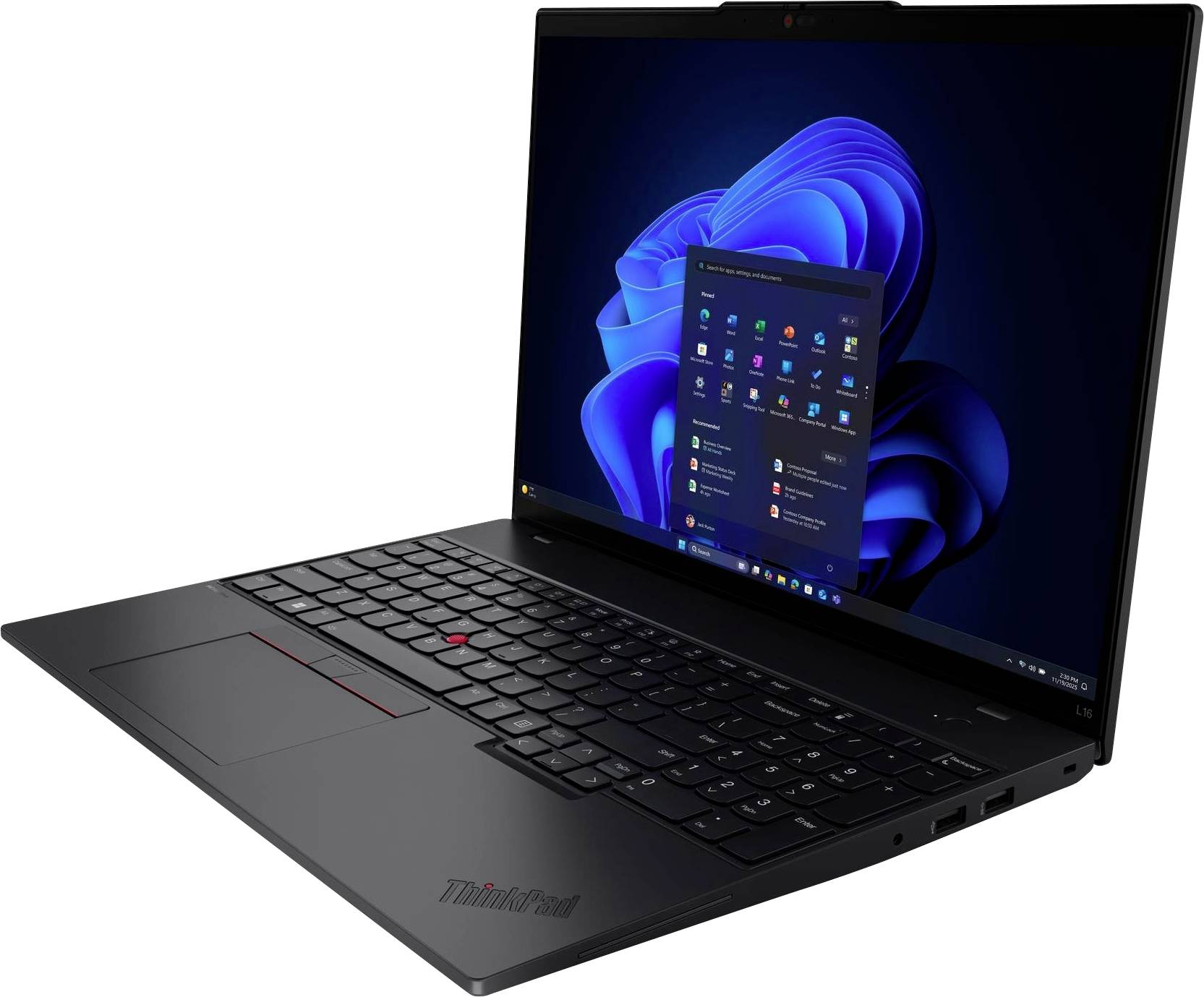 Ein schlanker schwarzer Laptop, der die Windows 11 Desktop-Oberfläche anzeigt, wobei das Startmenü geöffnet ist und verschiedene App-Symbole hervorhebt.