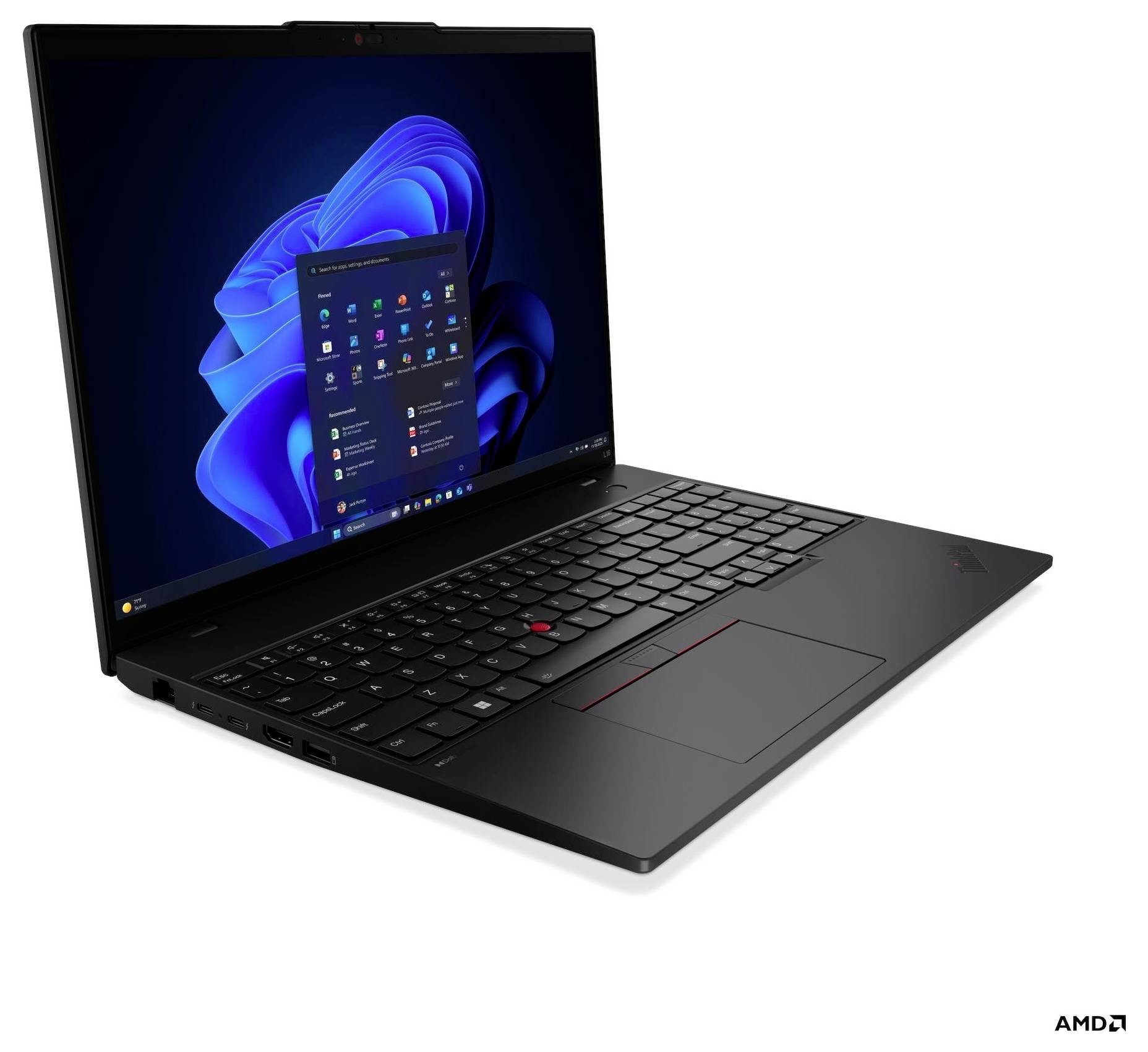 Ein schwarzer Laptop, der den Windows 11 Startbildschirm zeigt, mit verschiedenen Anwendungssymbolen.