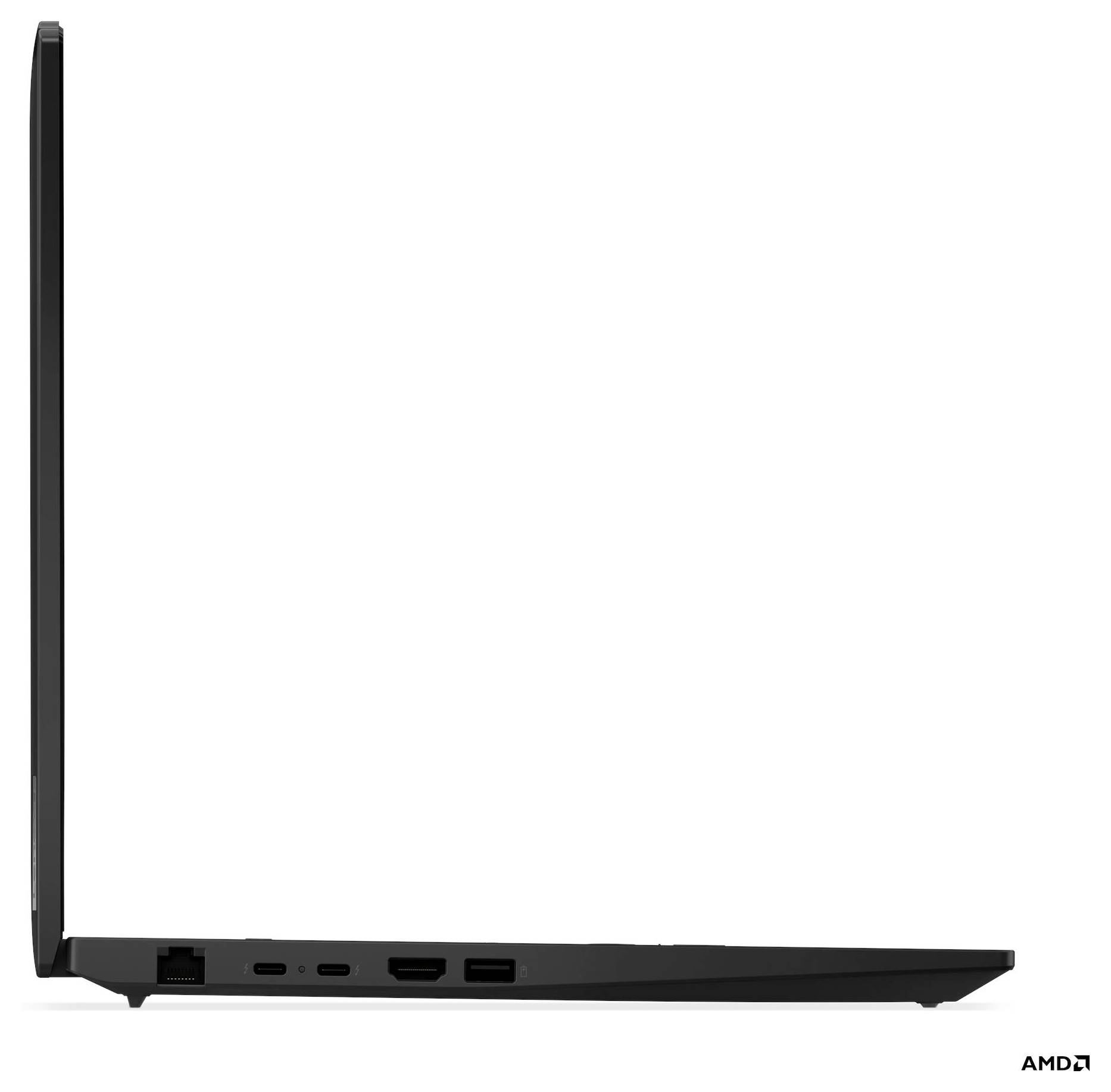 Seitenansicht eines geöffneten schwarzen Laptops, der Anschlüsse wie USB-C, USB, HDMI und einen Audioeingang auf der linken Seite zeigt, mit einem dünnen Profil.