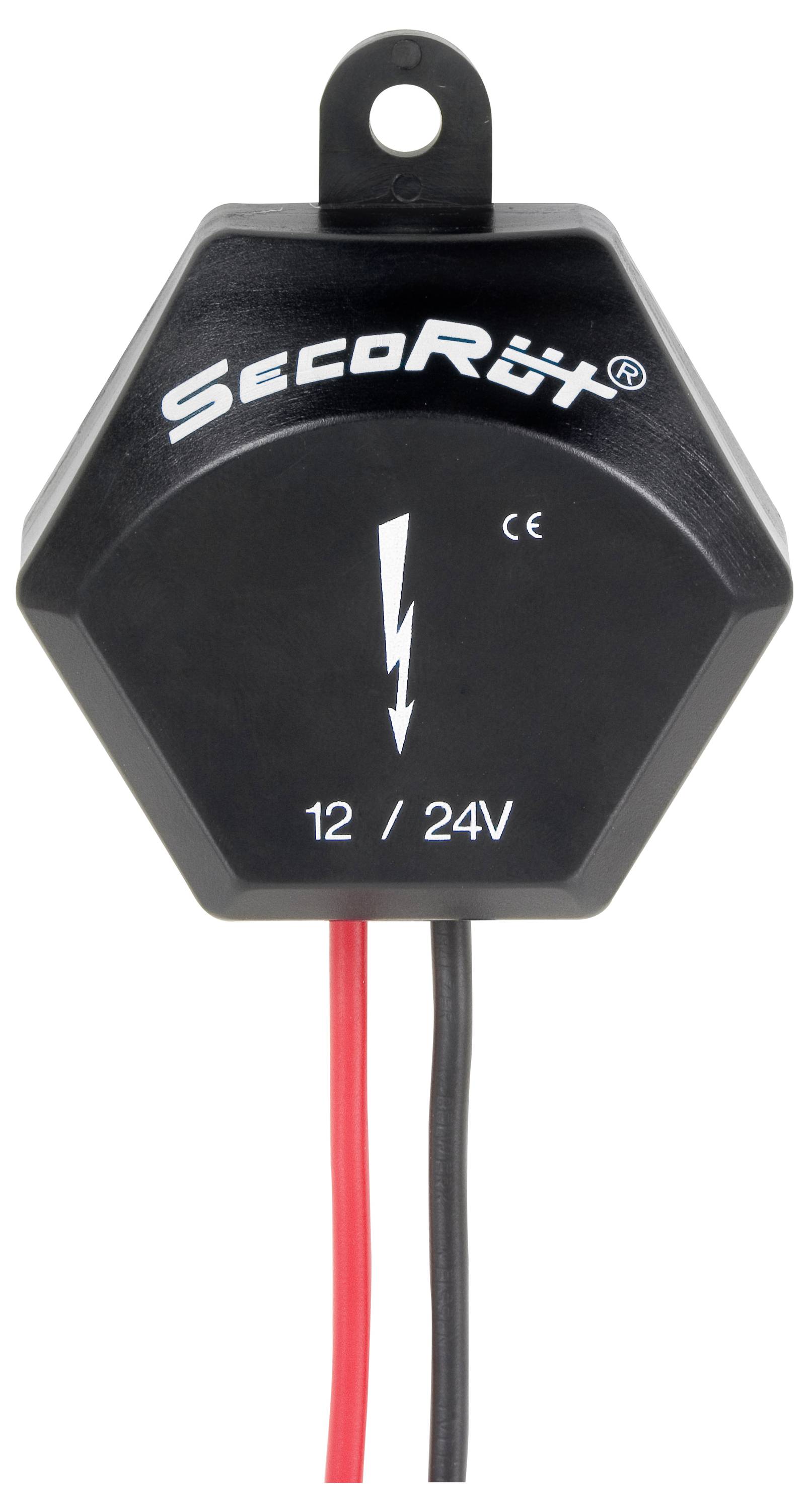 Ein schwarzes sechseckiges elektronisches Gerät mit der Beschriftung 'SECO Rüt' für 12/24V-Systeme, mit einem Blitzsymbol, einer CE-Kennzeichnung und roten und schwarzen Kabeln.