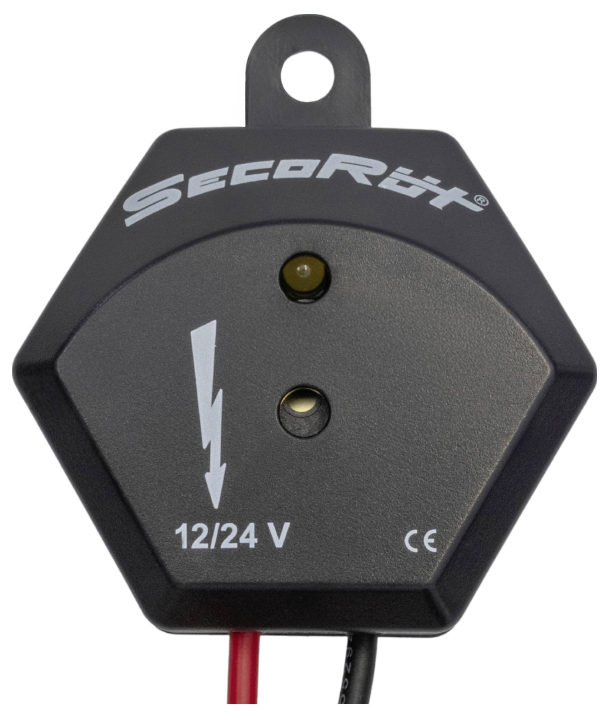 SecoRüt 12/24 V Gerät mit zwei kreisförmigen Anzeigen und einem Blitzsymbol auf einem sechseckigen schwarzen Gehäuse. CE-gekennzeichnet.