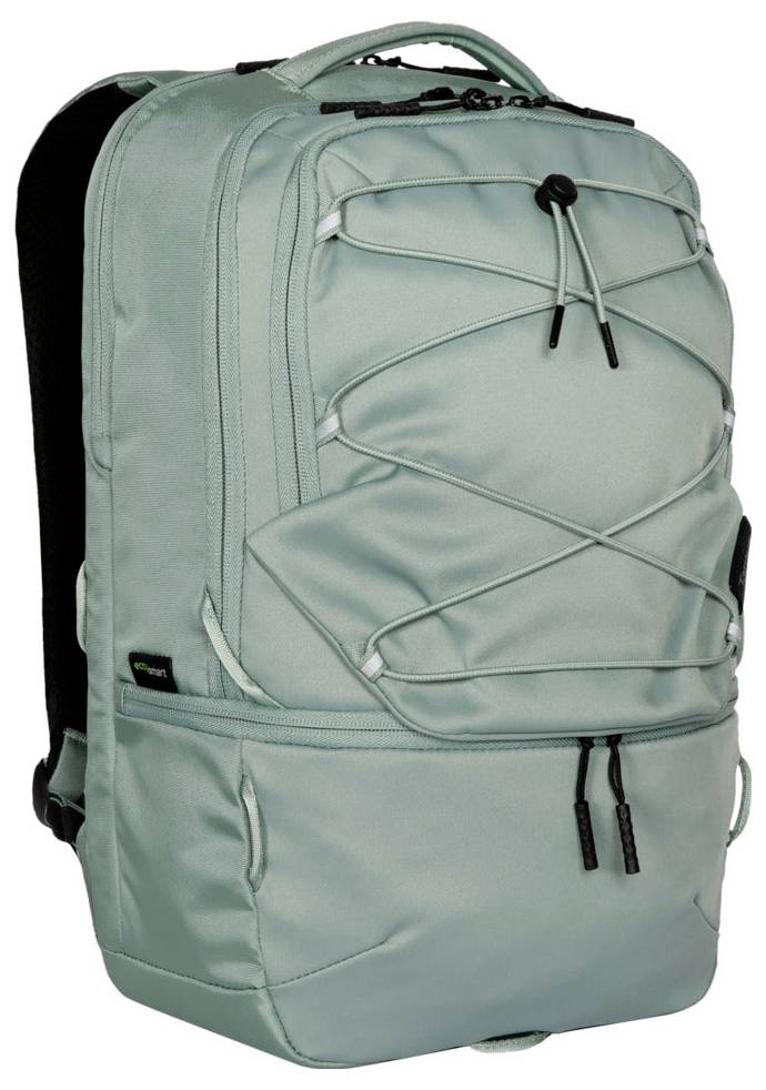 Ein hellgrüner Rucksack mit mehreren Fächern, verstellbaren Trägern und einem Frontdesign mit Spanngurt für zusätzlichen Stauraum oder zum Befestigen von Gegenständen.