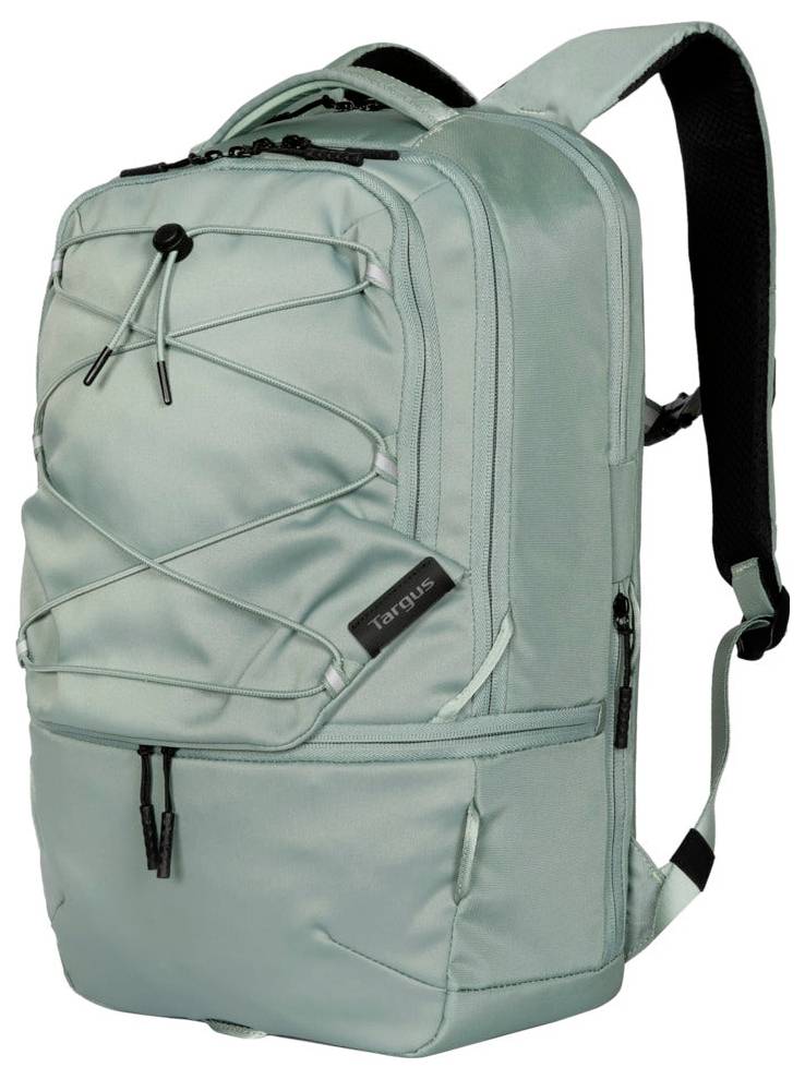 Ein hellgrüner Rucksack mit mehreren Fächern, einer vorderen Befestigungsschnur und verstellbaren Trägern, der auf Funktionalität und Stil ausgelegt ist.