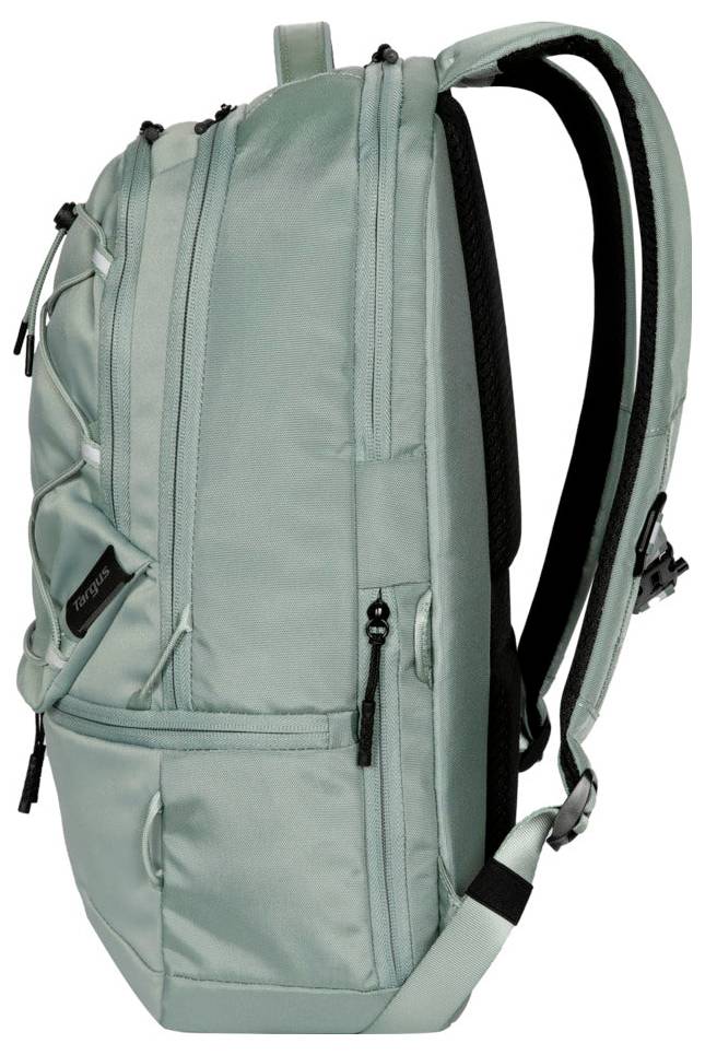 Ein hellgrüner Rucksack mit elegantem Design, ausgestattet mit mehreren Reißverschluss-Fächern und verstellbaren gepolsterten Schultergurten, von der Seite präsentiert.