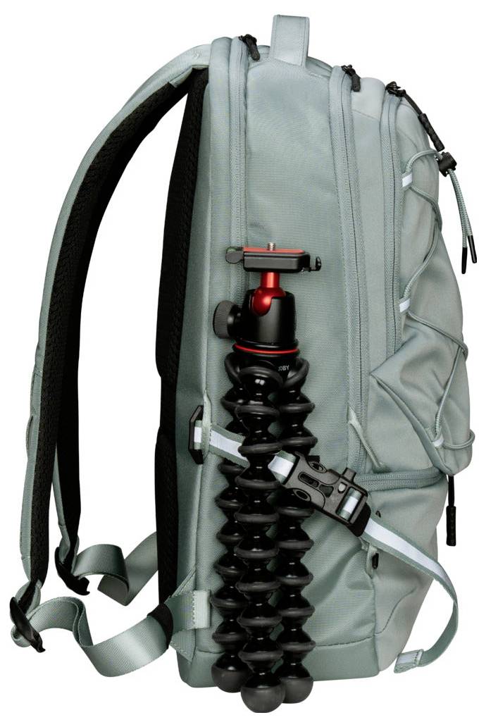 Ein blauer Rucksack mit mehreren Reißverschlusskompartimenten und einem flexiblen schwarzen Stativ an der Seite.