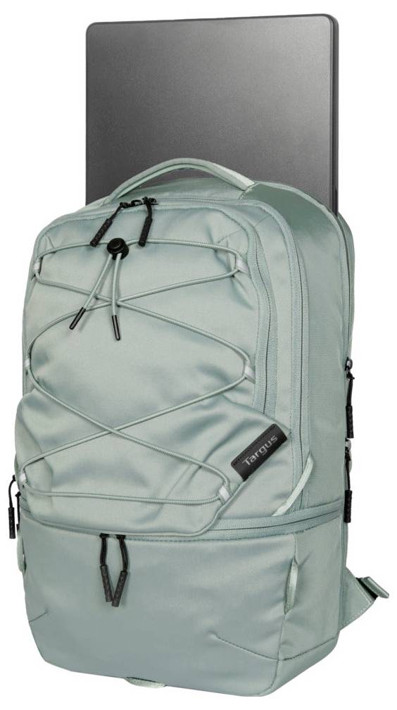 Ein schlanker, hellgrüner Rucksack mit verstellbaren Schultergurten und einem Oberfach, in dem ein teilweise eingelegter Laptop zu sehen ist, ideal für das Pendeln.