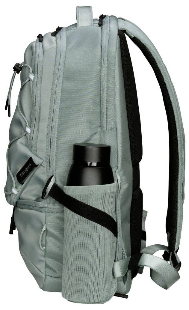 Ein mintgrüner Rucksack mit mehreren Fächern, einschließlich einer Seitentasche, in der eine schwarze Wasserflasche sitzt.