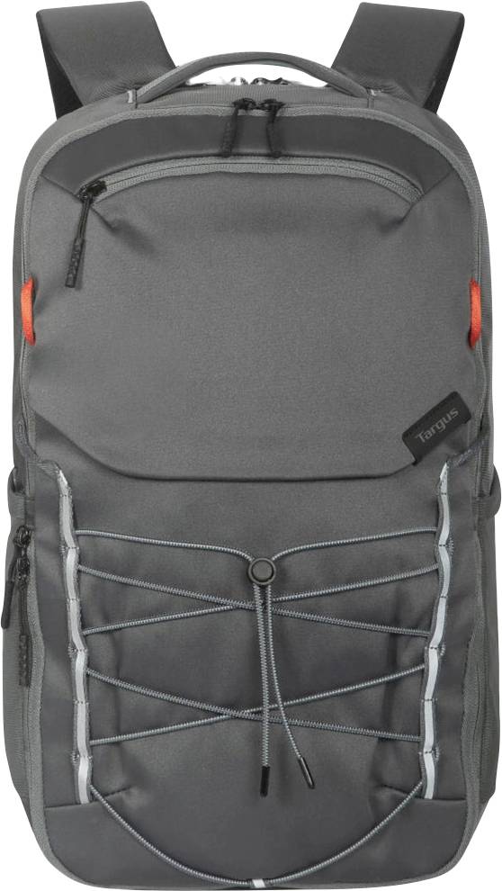 Ein grauer Rucksack mit einer vorderen Reißverschlusstasche, Kordel-Details und gepolsterten Schultergurten.