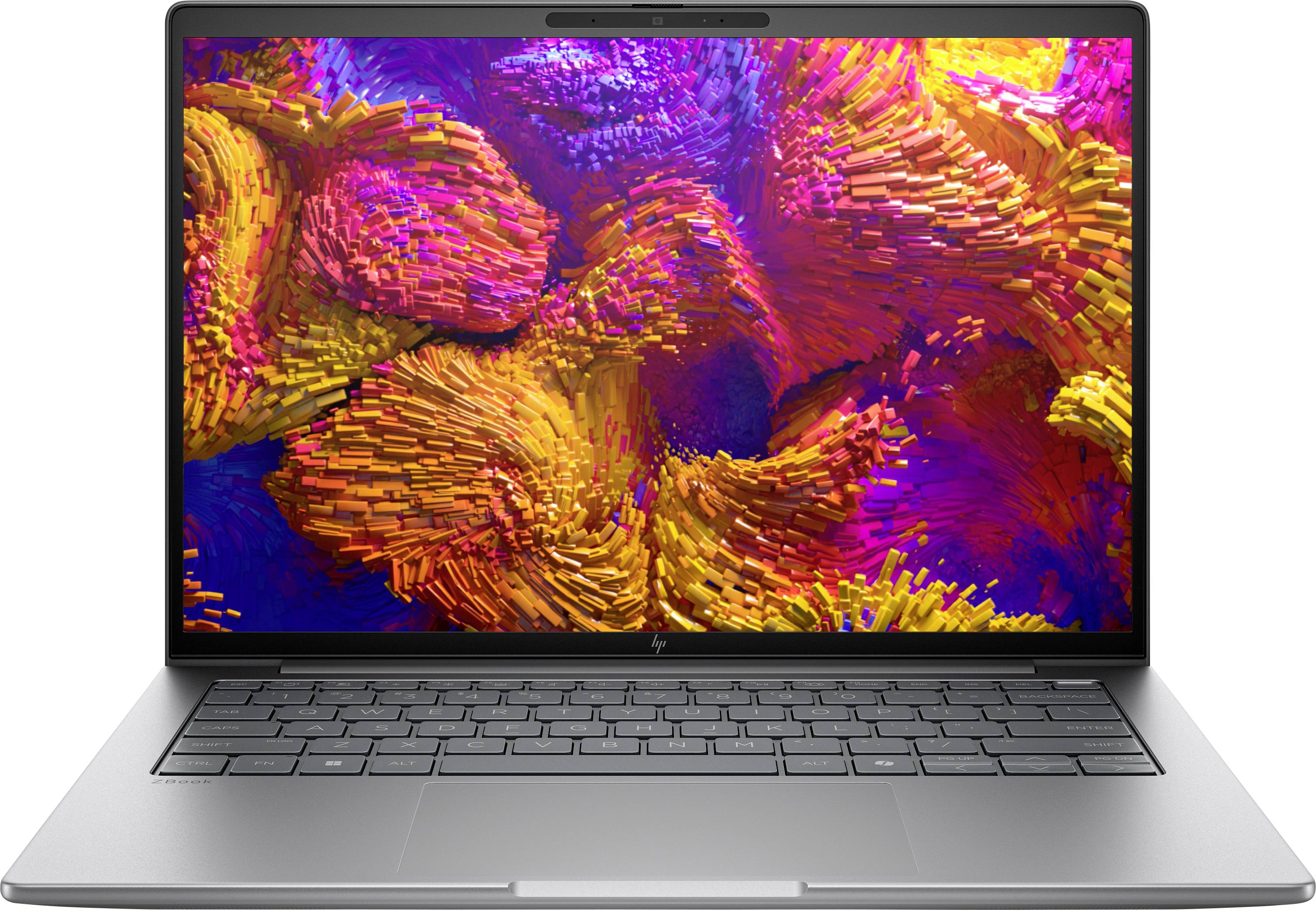 Ein Laptop mit einer farbenfrohen abstrakten Anzeige, die lebendige rosa, gelbe und orange Wirbel zeigt. Die Tastatur und das Touchpad sind sichtbar.